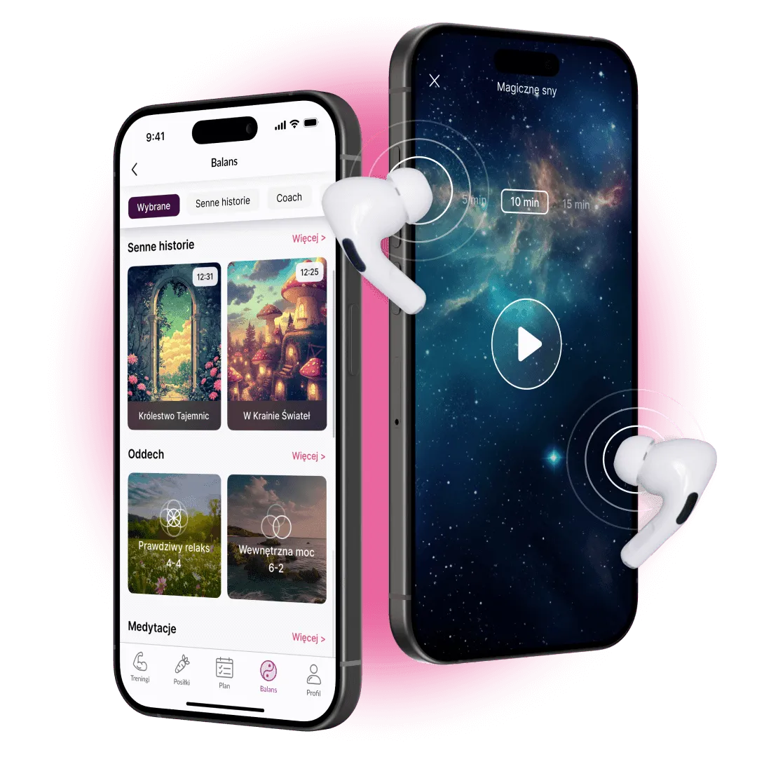 Ekran sekcji Balans w aplikacji OXY — medytacje, wyciszenie i dźwięki natury