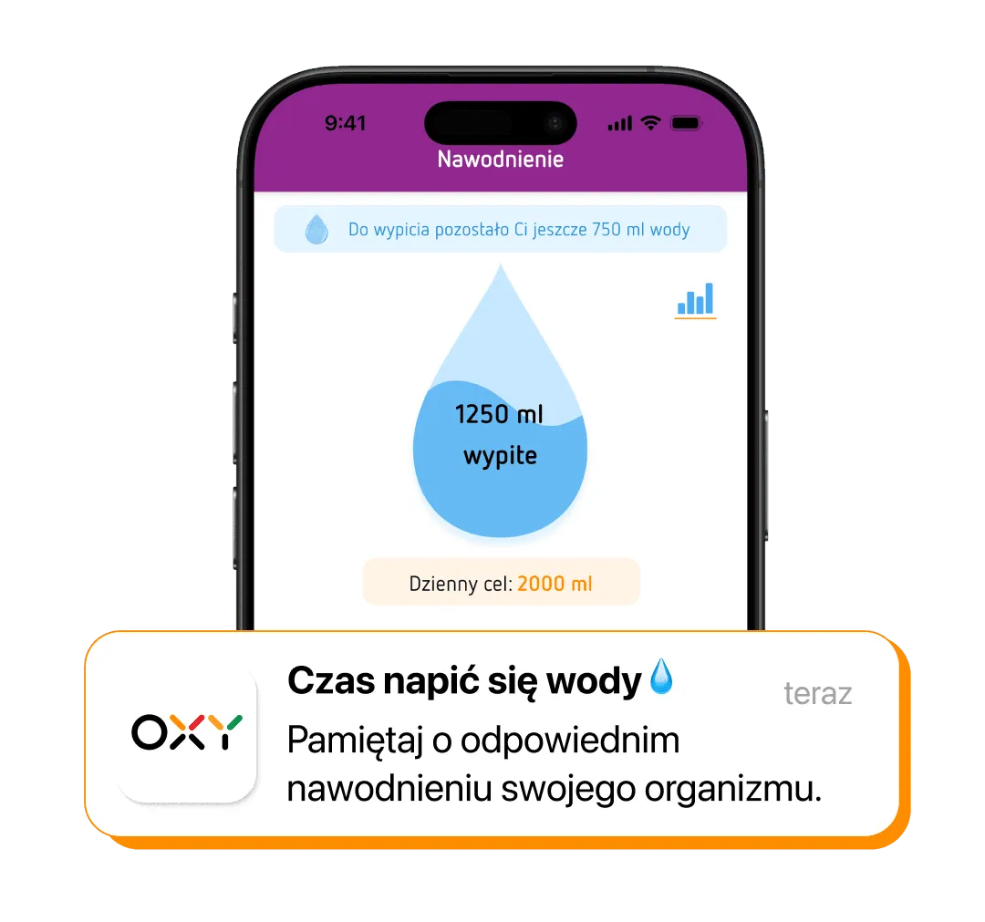 Ekran śledzenia nawodnienia w aplikacji OXY (wersja mobilna)