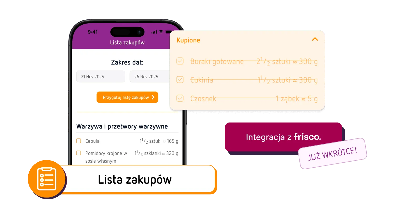 Ekran listy zakupów w aplikacji OXY z kategoriami produktów i gramaturami