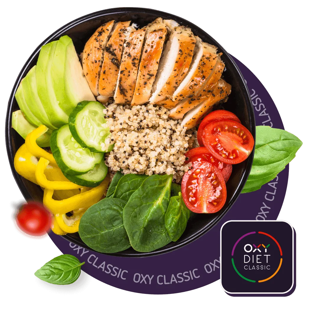 Talerz z kurczakiem, kaszą i warzywami z logo diety Classic OXY