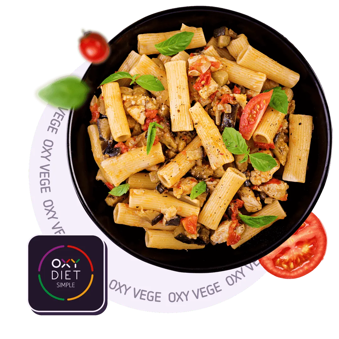 Miska z makaronem rigatoni z warzywami i bazylią z logo diety Simple OXY