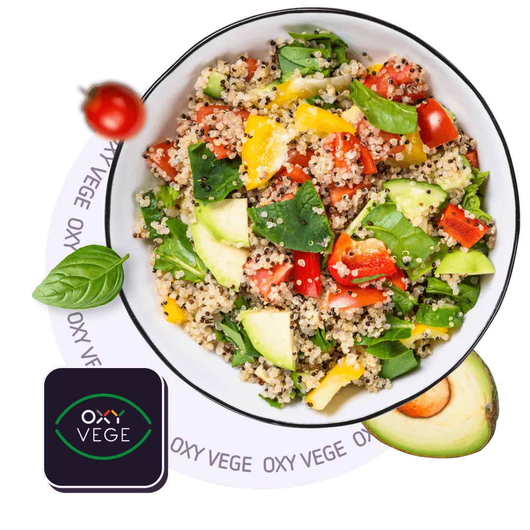 Miska z sałatką wegańską z quinoa i warzywami z logo diety Vege OXY