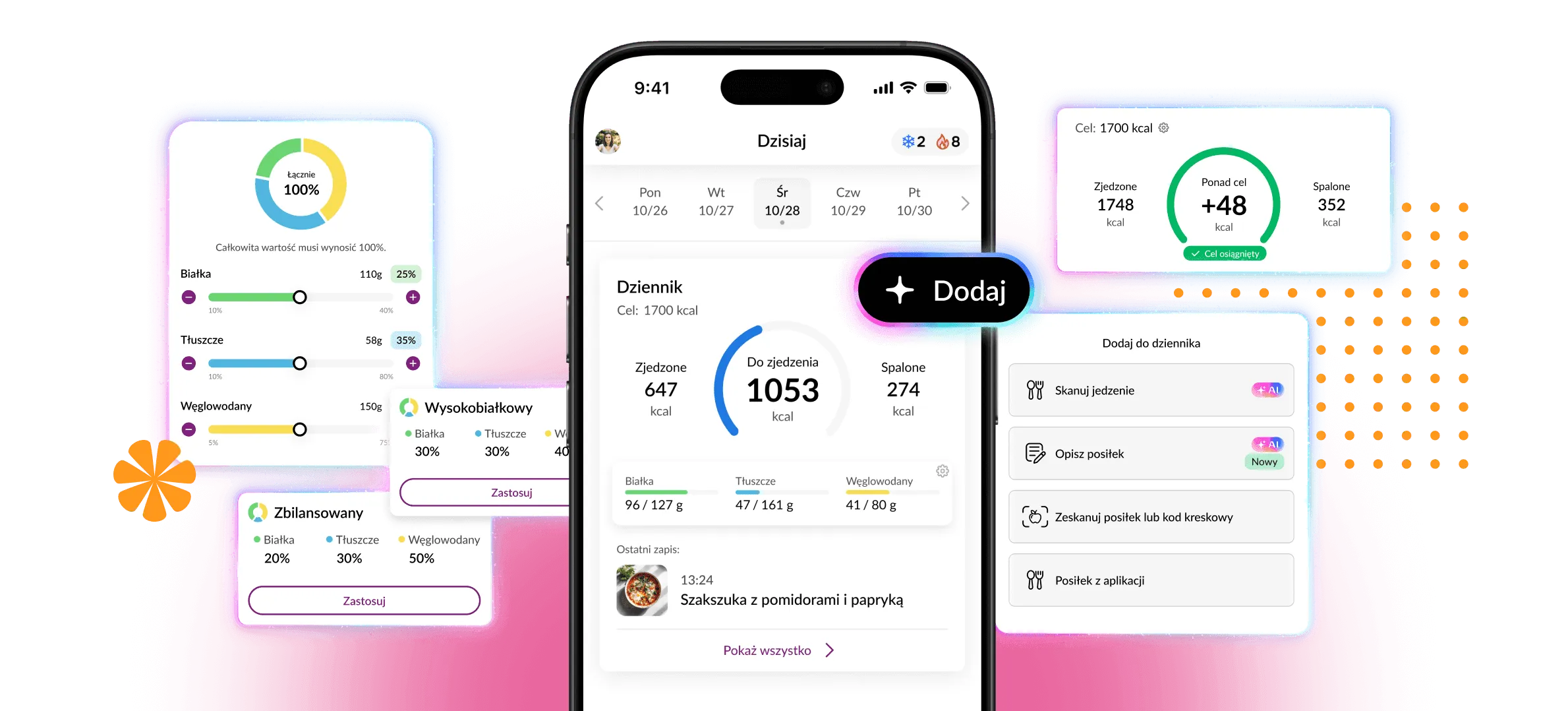 Ekran kalkulatora kalorii w aplikacji OXY z bilansem makroskładników i AI skanerem posiłku