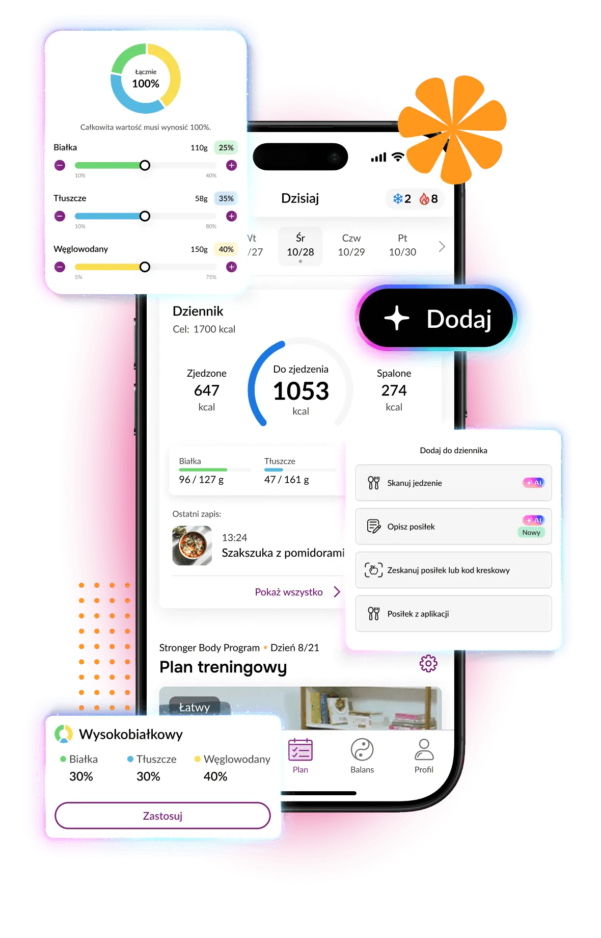 Ekran kalkulatora kalorii w aplikacji OXY z bilansem makroskładników (wersja mobilna)