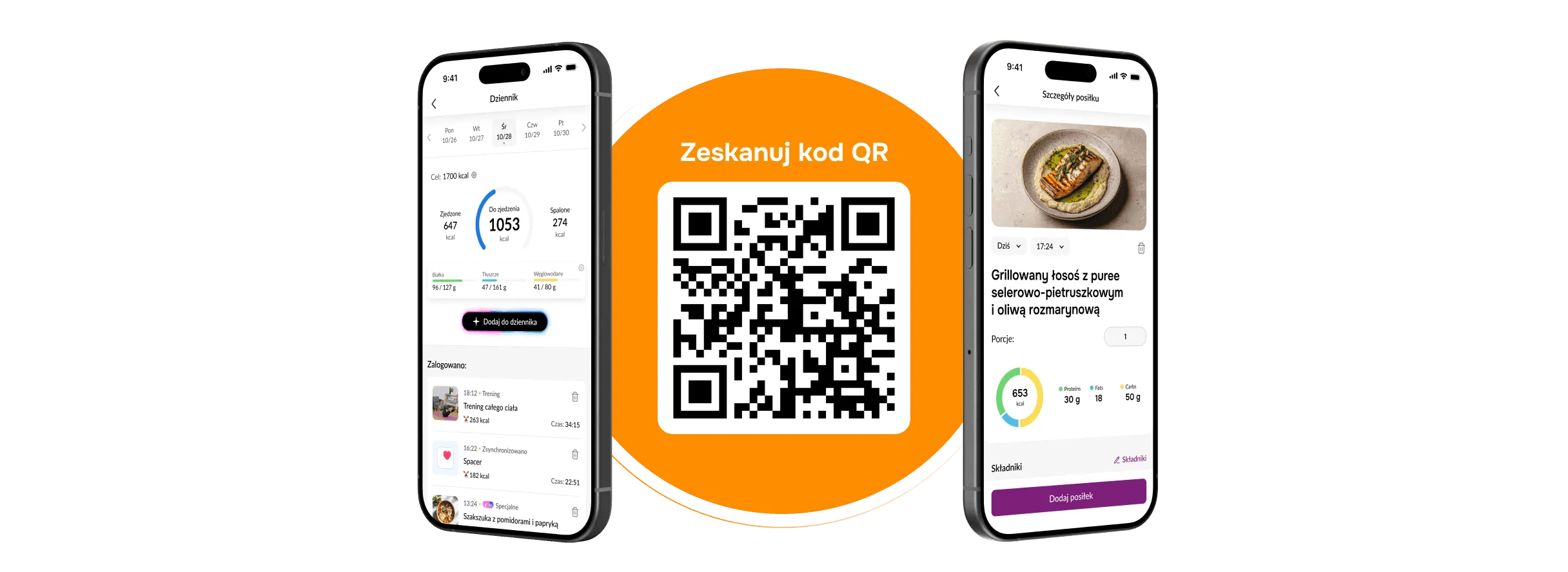 Dwa smartfony z ekranami aplikacji OXY i kod QR do pobrania — kampania z Frisco (desktop)