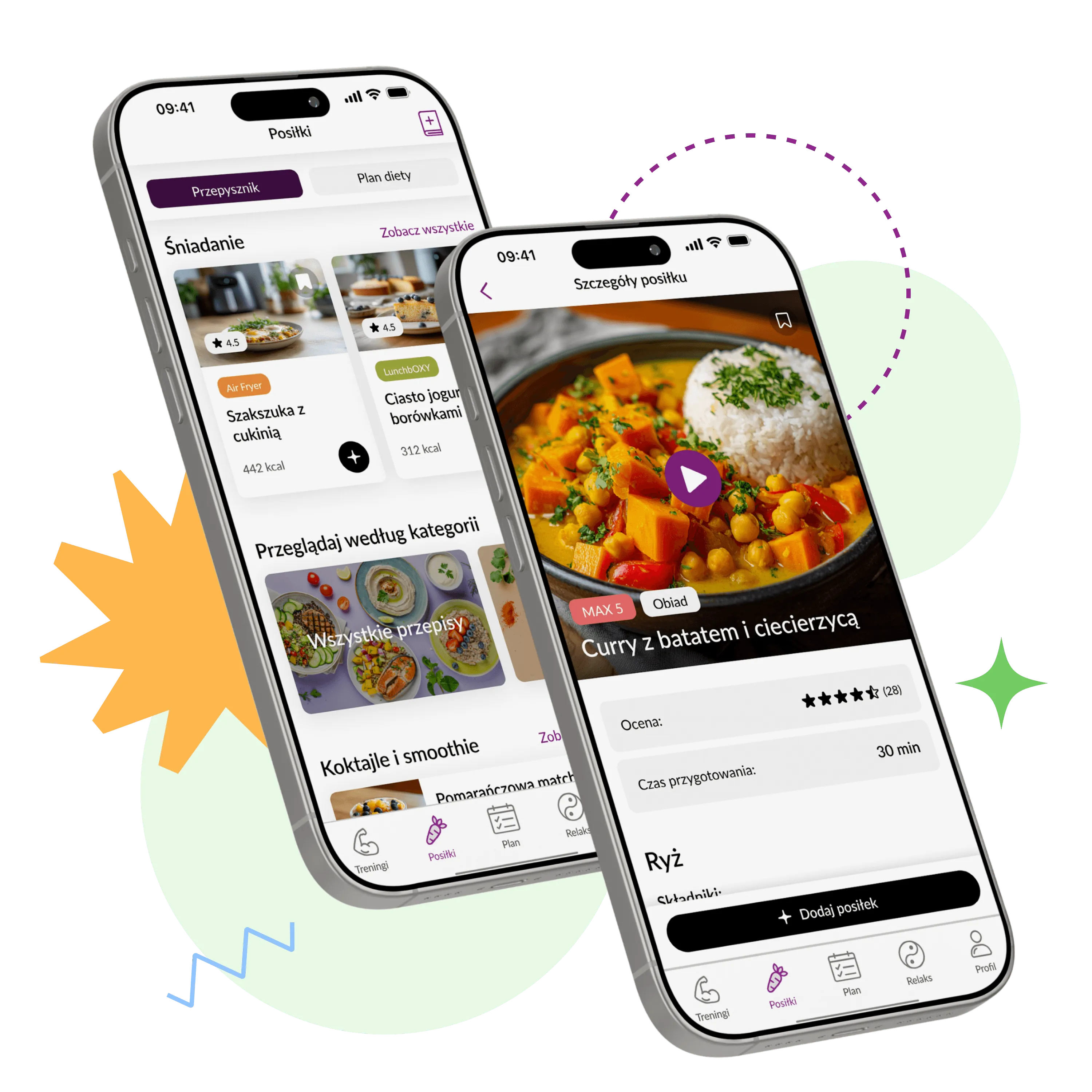 Dwa smartfony z Księgą Smaków i szczegółami przepisu Curry z batatem w aplikacji OXY