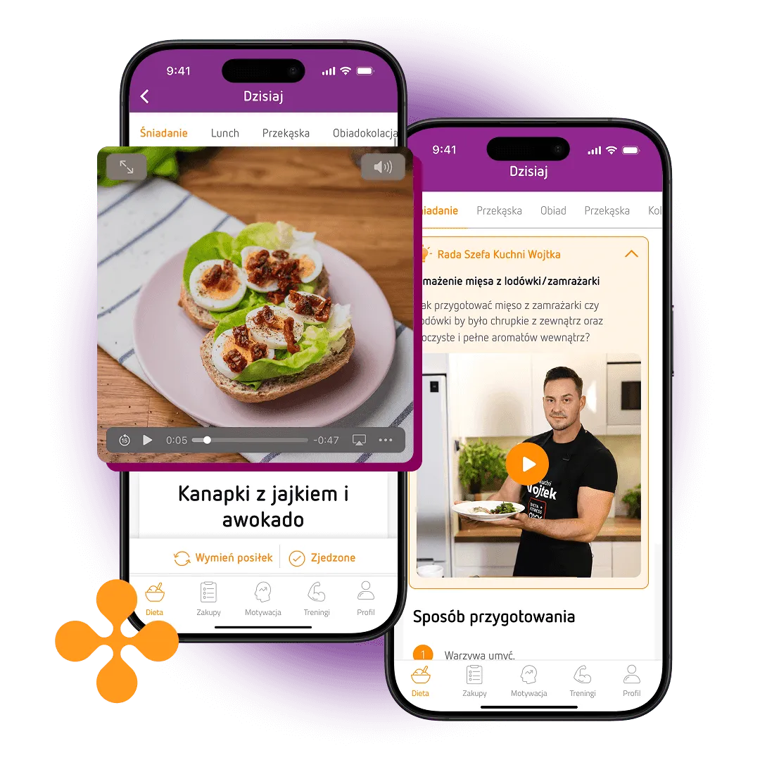 Ekran aplikacji OXY z poradami Szefa Kuchni Wojtka — przepisy wideo i artykuły kulinarne
