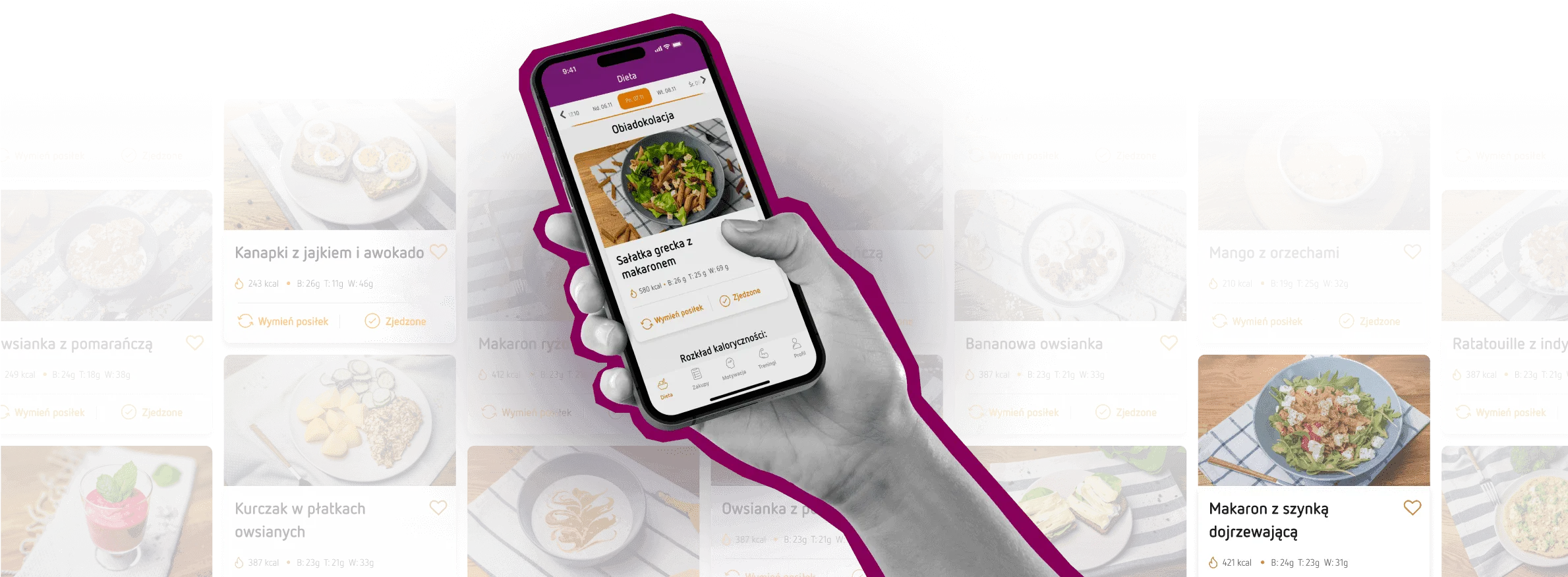 Ekran przepisów w aplikacji OXY z widokiem karty dania i informacjami o kaloriach