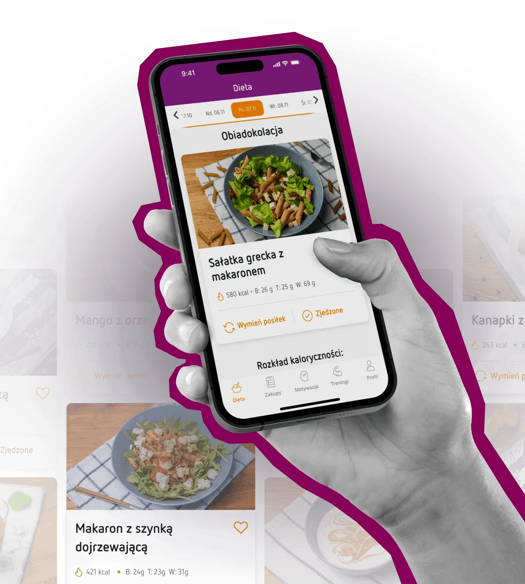 Ekran przepisów w aplikacji OXY z widokiem karty dania (wersja mobilna)