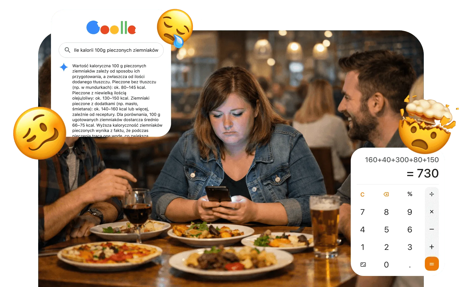 Ilustracja sceny w restauracji — kobieta przy stoliku z posiłkiem dietetycznym