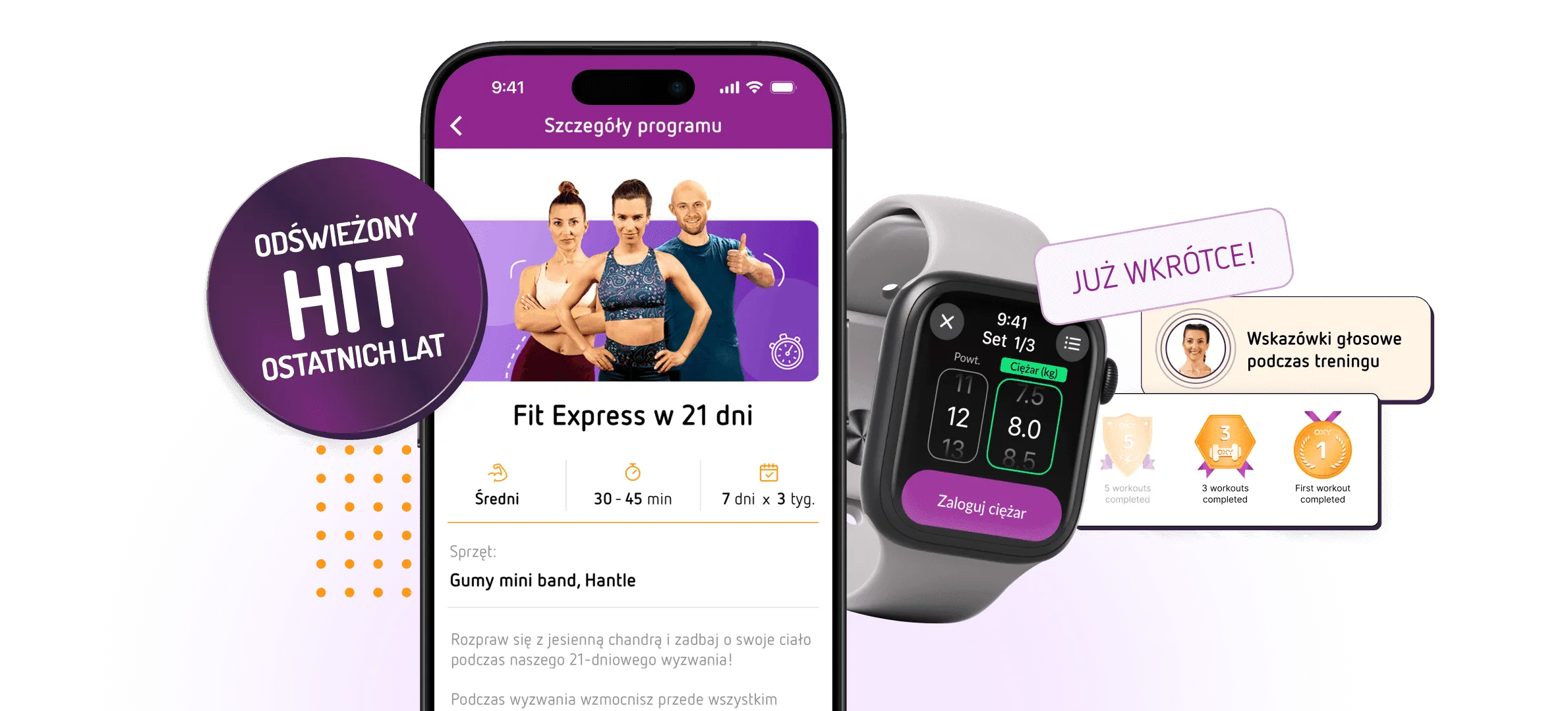 Ekran nowej sekcji treningów w aplikacji OXY z kategoriami ćwiczeń