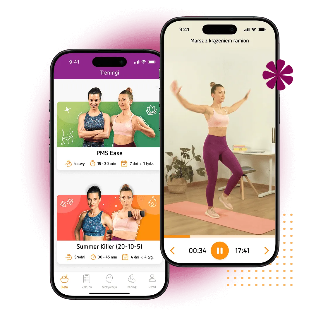 Ekran treningów w aplikacji OXY z programami ćwiczeń i wideo instruktażami