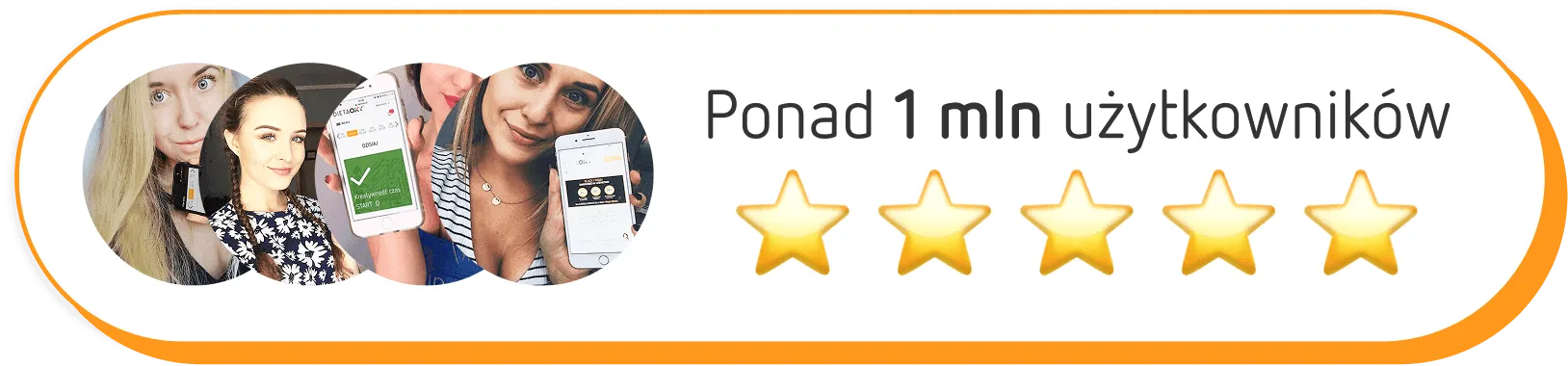 Przycisk Ponad 1 mln użytkowników z 5 gwiazdkami i miniaturami zdjęć użytkowniczek