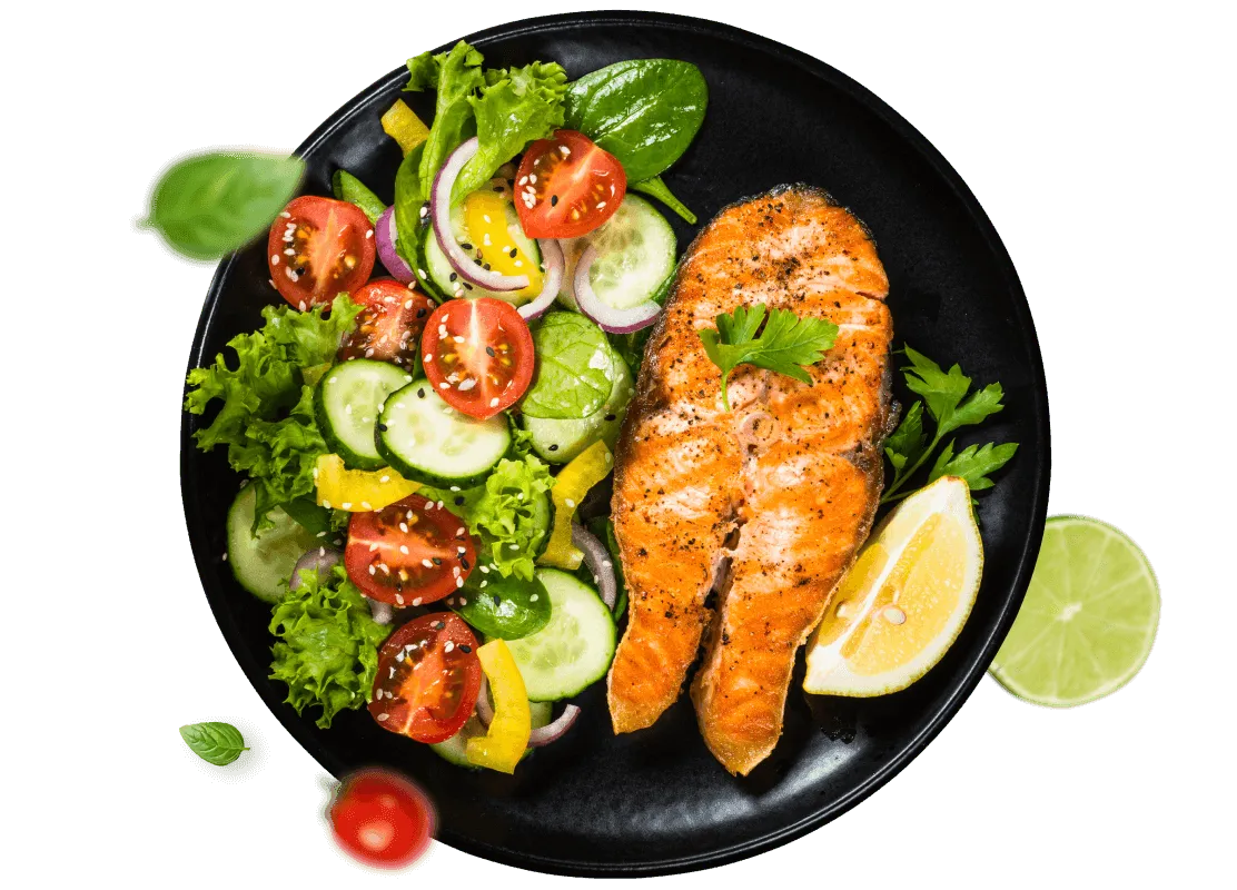 Talerz z grillowanym łososiem i świeżą sałatką z warzywami — dieta VegeFish OXY
